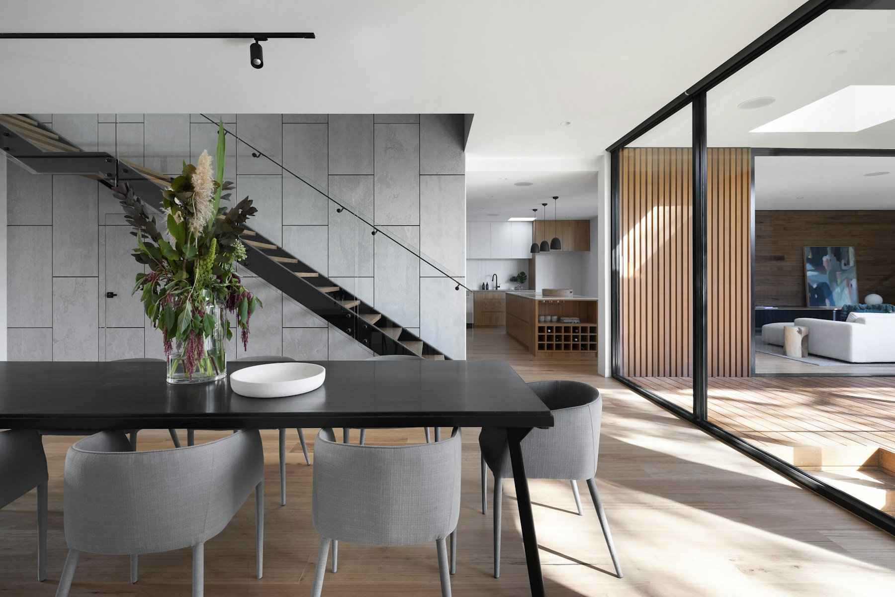 Bright residential interior with natural materials and carefully considered living space